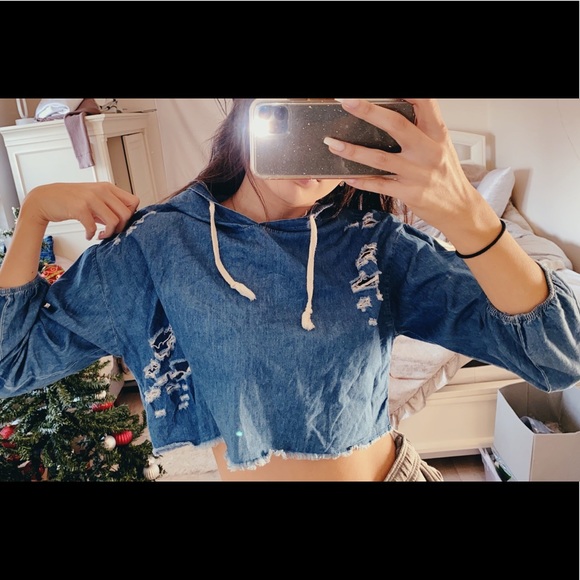 FASHION NOVA CROP DENIM HOODIE - Picture 2 of 4